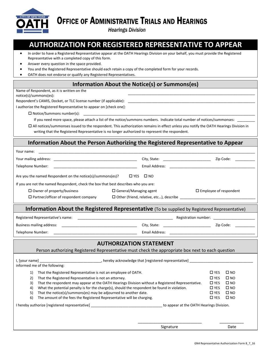 Form GN4 Authorization for Registered Representative to Appear - New York City, Page 1
