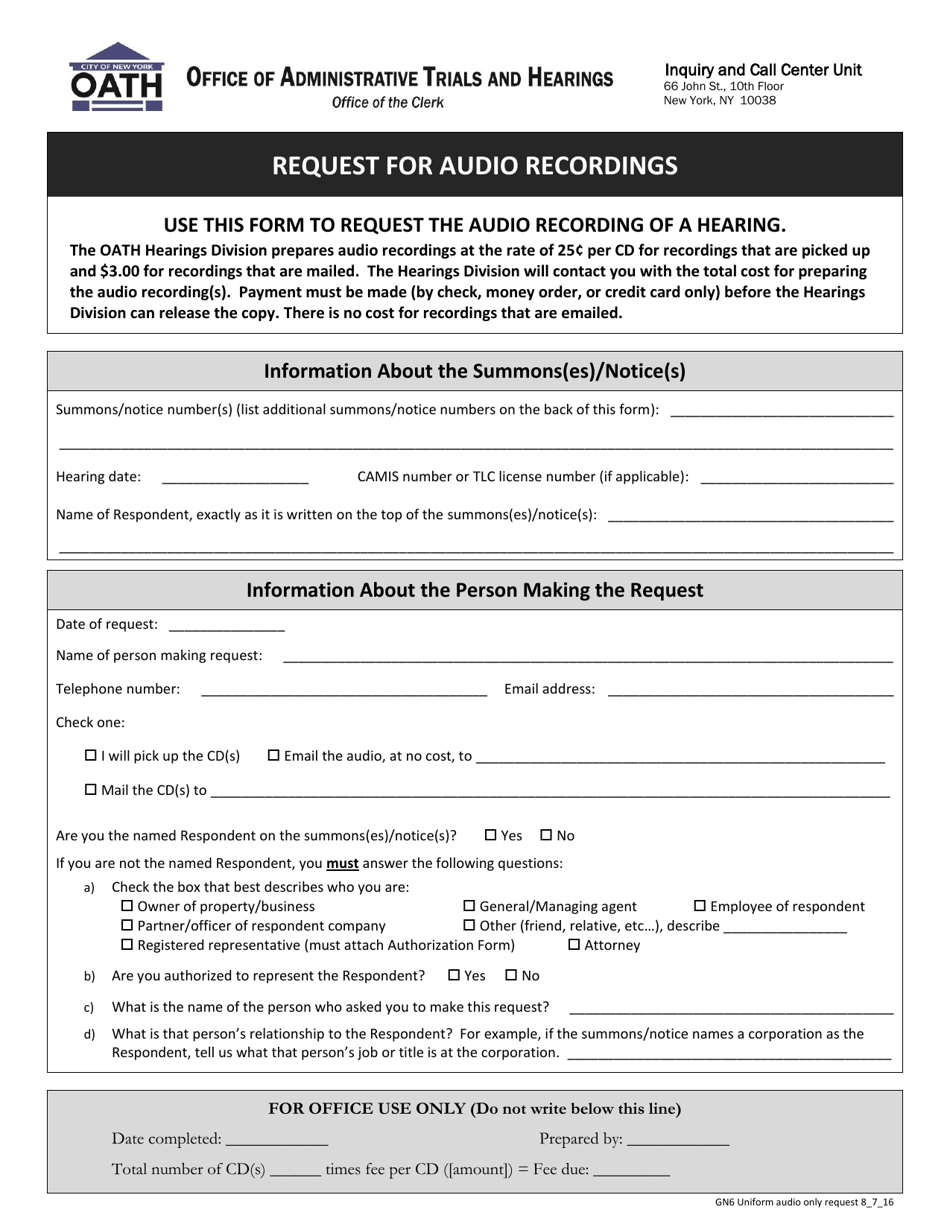 Form GN6 Request for Audio Recordings - New York City, Page 1