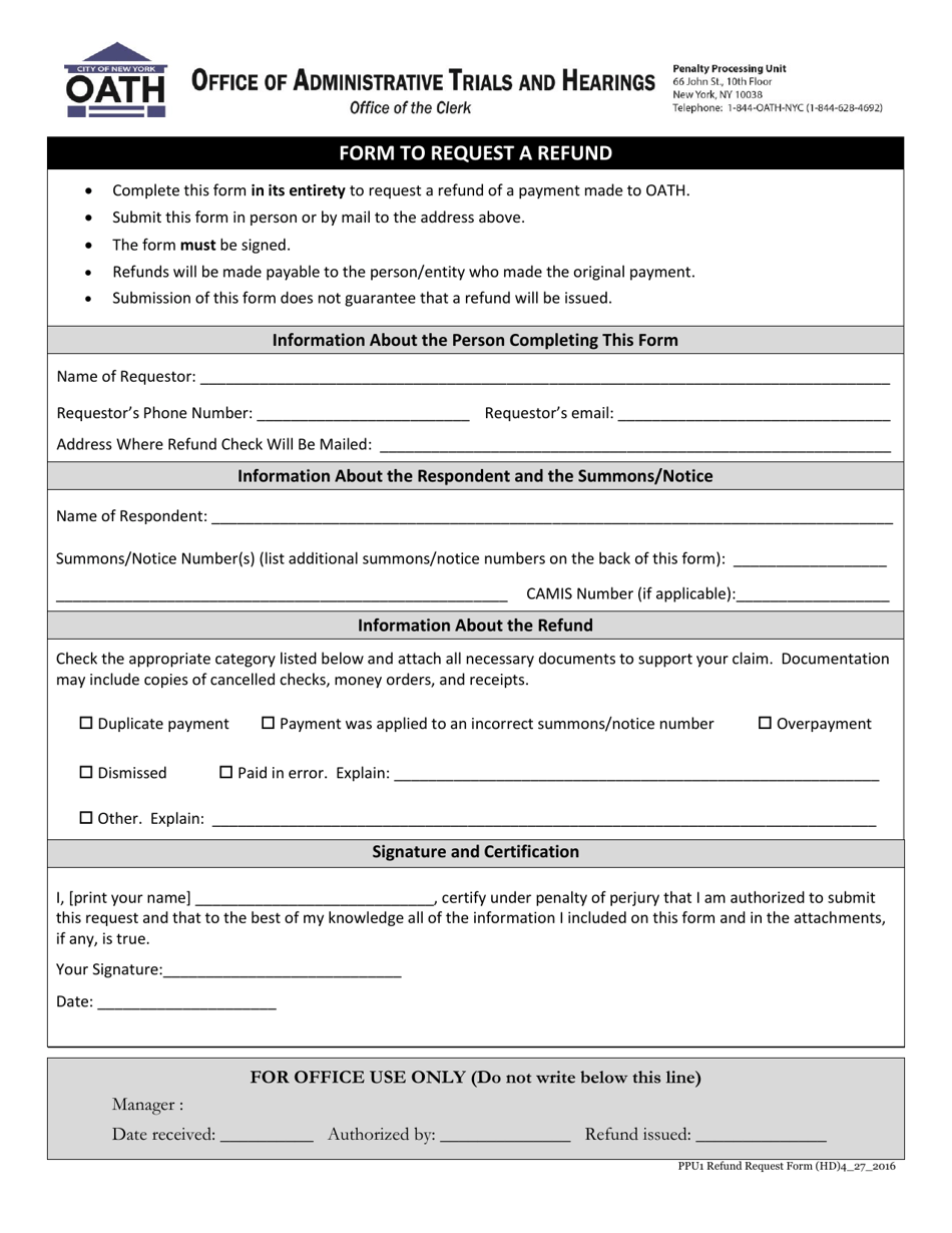Form to Request a Refund - New York City, Page 1