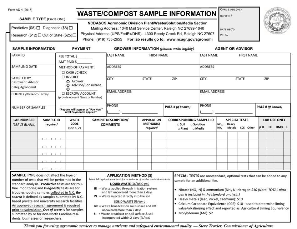 Form AD-4 Waste / Compost Sample Information - North Carolina, Page 1