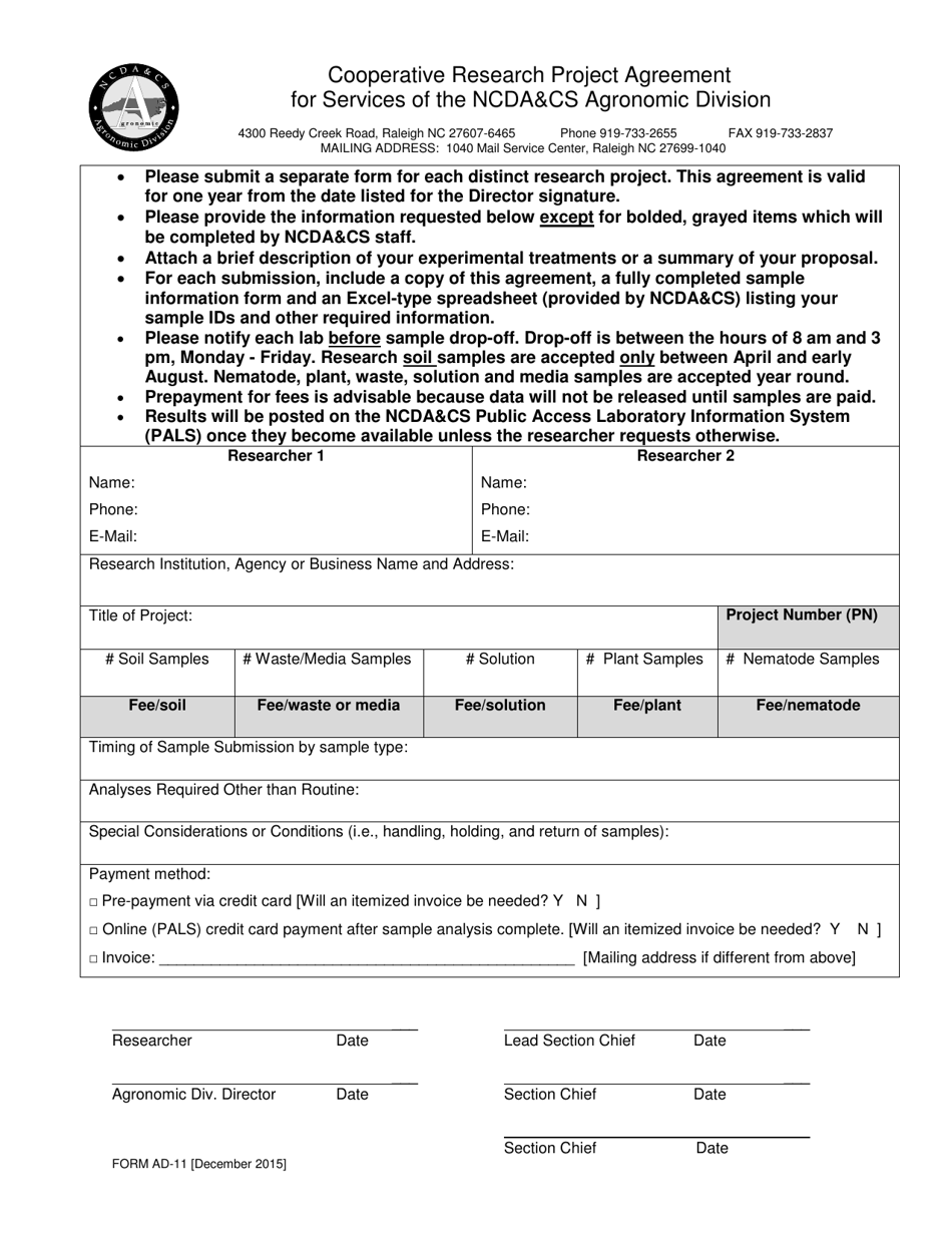 Form AD-11 Cooperative Research Project Agreement for Services of the Ncdacs Agronomic Division - North Carolina, Page 1