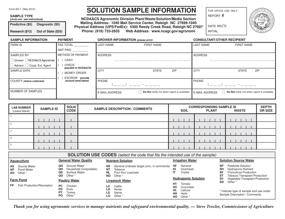 Form AD-7 Solution Sample Information - North Carolina, Page 1