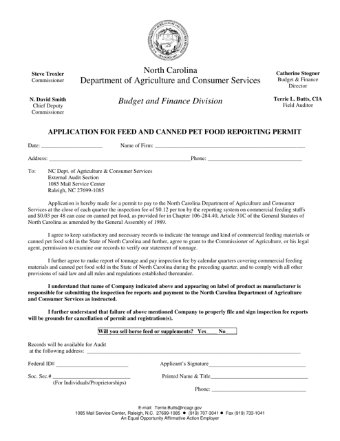 Application for Feed and Canned Pet Food Reporting Permit - North Carolina Download Pdf