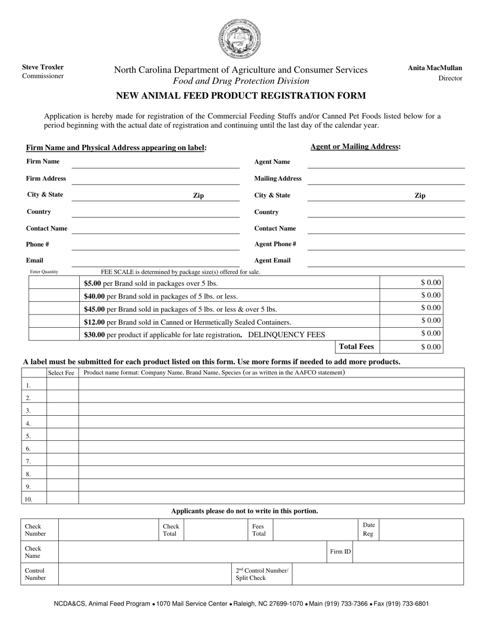 New Animal Feed Product Registration Form - North Carolina, Page 1