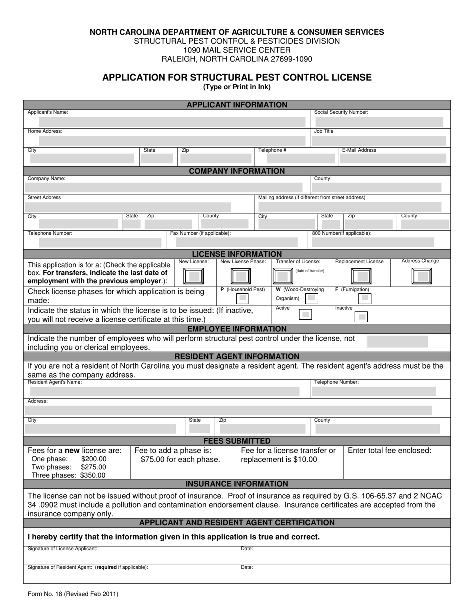 Form 18 Application for Structural Pest Control License - North Carolina, Page 1