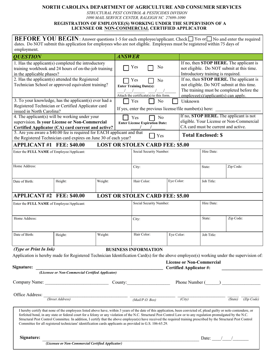 Application for Registered Technicians Card - North Carolina, Page 1
