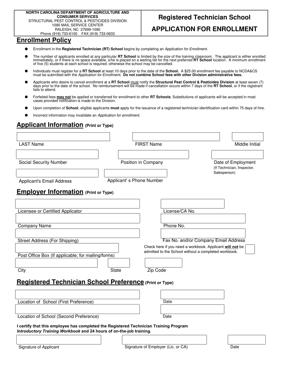 Registered Technician School - Application for Enrollment - North Carolina, Page 1