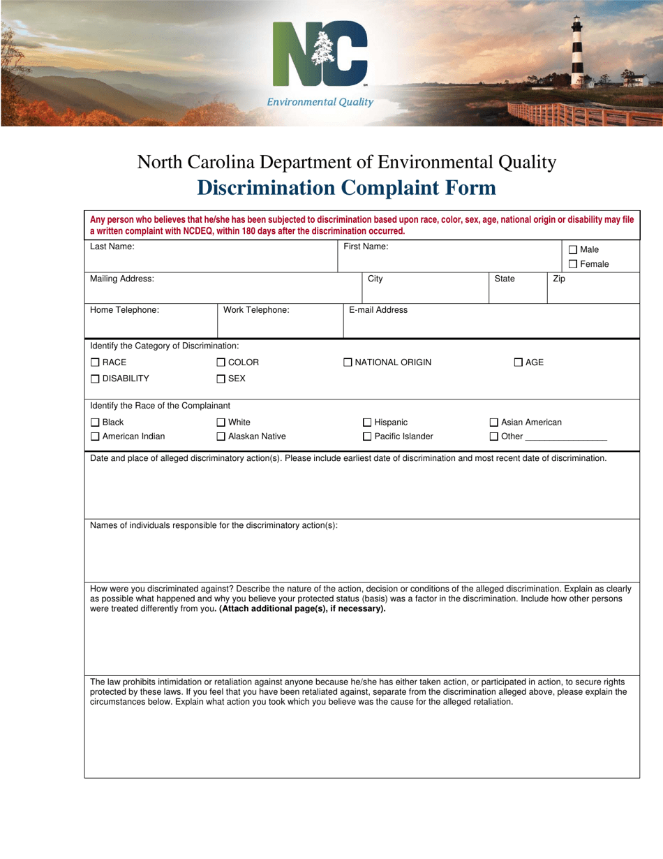 Discrimination Complaint Form - North Carolina, Page 1