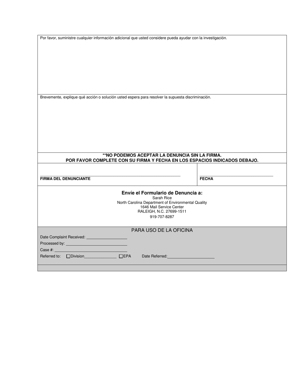 Formulario De Denuncia Por Discriminacion - North Carolina (Spanish), Page 3