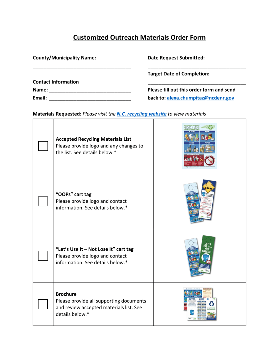 Customized Outreach Materials Order Form - North Carolina, Page 1