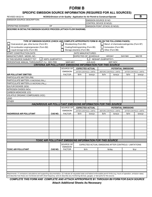 Form B Application for Air Permit to Construct/Operate - Specific Emission Source Information (Required for All Sources) - North Carolina