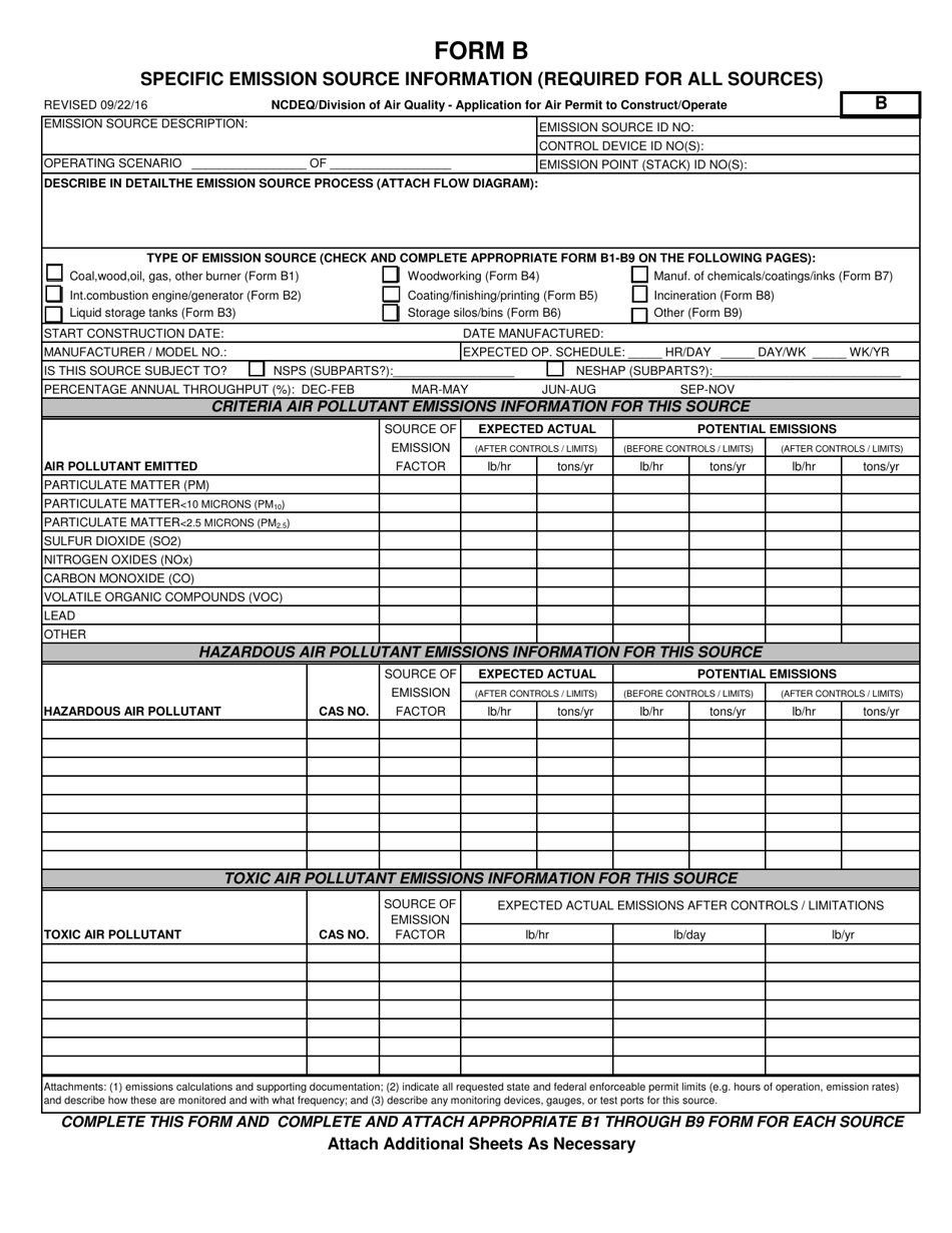 Form B Application for Air Permit to Construct / Operate - Specific Emission Source Information (Required for All Sources) - North Carolina, Page 1