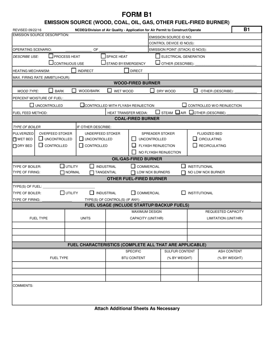 Form B1 Application for Air Permit to Construct / Operate - Emission Source (Wood, Coal, Oil, Gas, Other Fuel-Fired Burner) - North Carolina, Page 1