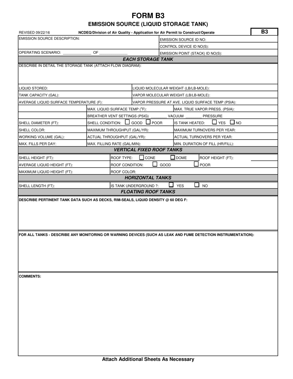 Form B3 Application for Air Permit to Construct / Operate - Emission Source (Liquid Storage Tank) - North Carolina, Page 1
