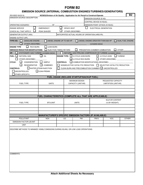 Form B2 Application for Air Permit to Construct/Operate - Emission Source (Internal Combustion Engines/Turbines/Generators) - North Carolina