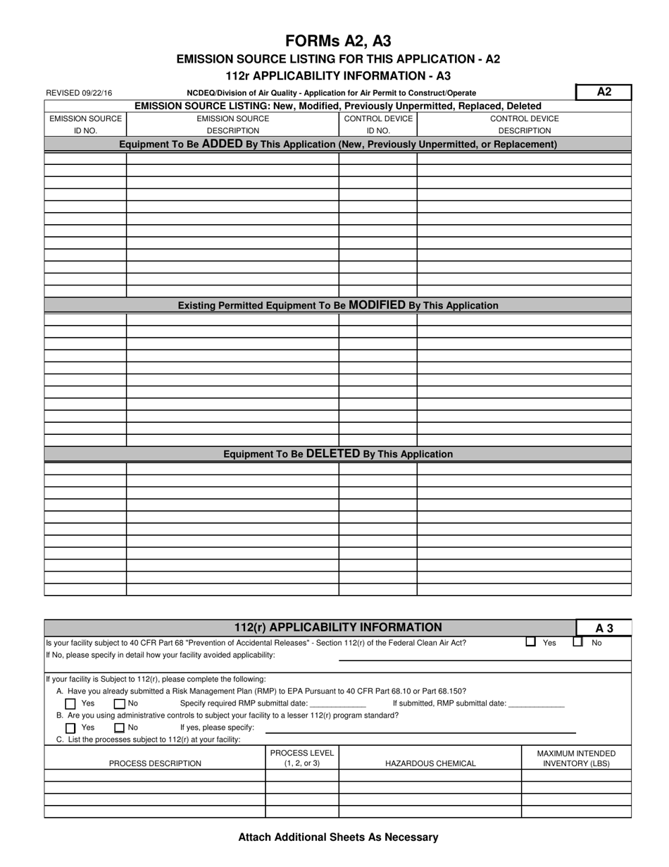 Form A2 Application for Air Permit to Construct / Operate - Emission Source Listing for This Application - North Carolina, Page 1