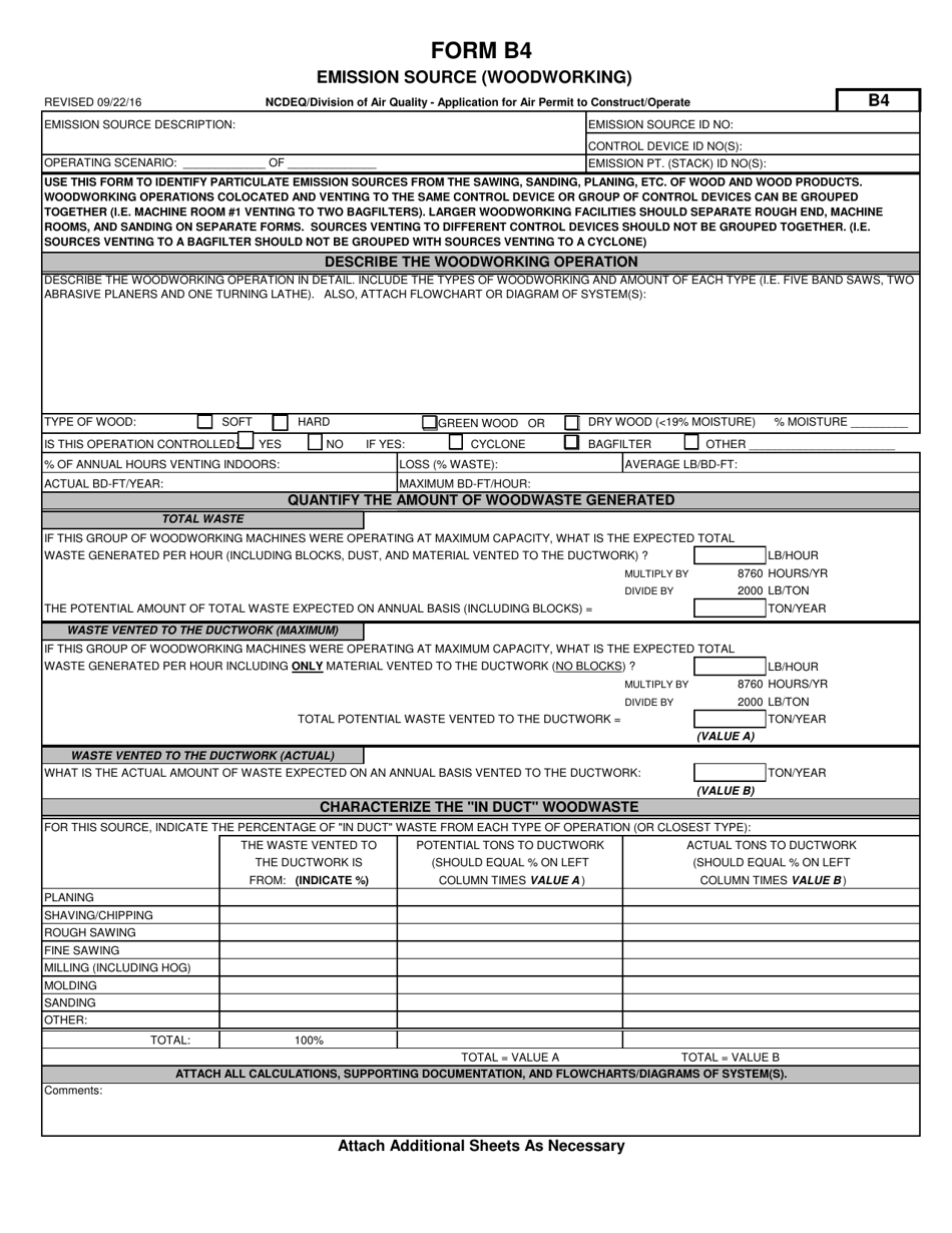 Form B4 Application for Air Permit to Construct / Operate - Emission Source (Woodworking) - North Carolina, Page 1