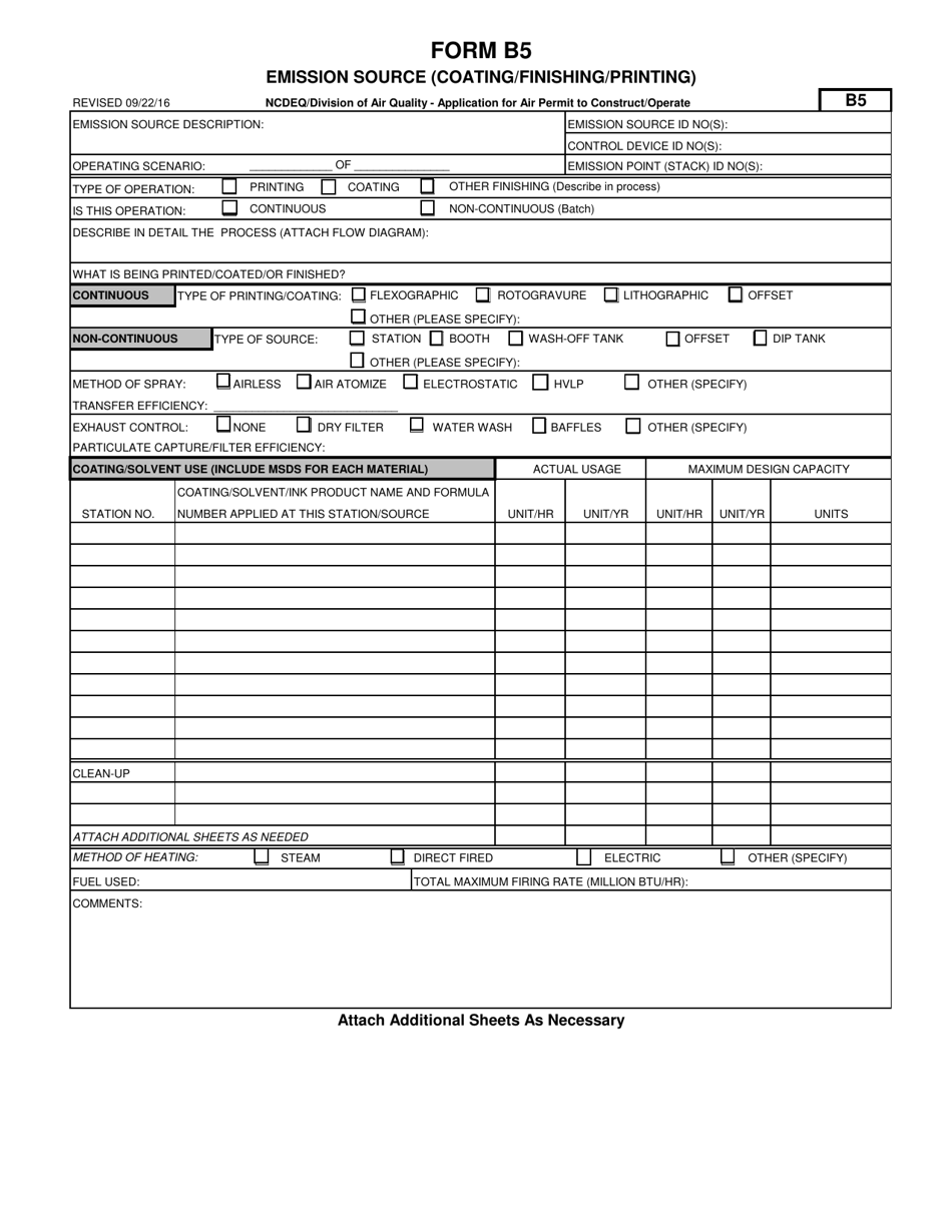 Form B5 Application for Air Permit to Construct / Operate - Emission Source (Coating / Finishing / Printing) - North Carolina, Page 1