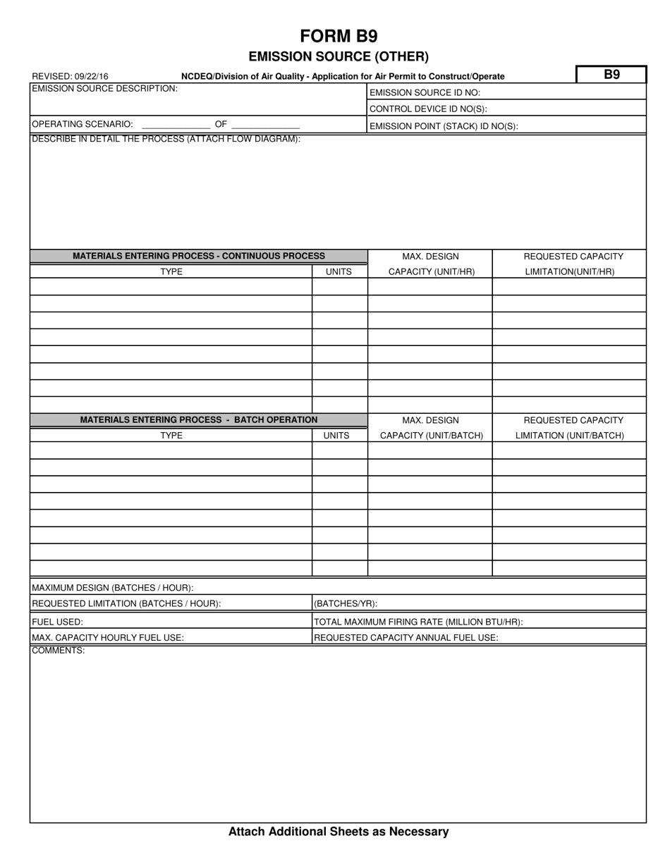 Form B9 Application for Air Permit to Construct / Operate - Emission Source (Other) - North Carolina, Page 1