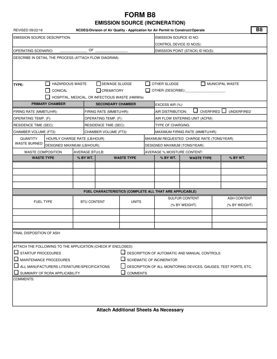 Form B8 Application for Air Permit to Construct / Operate - Emission Source (Incineration) - North Carolina, Page 1