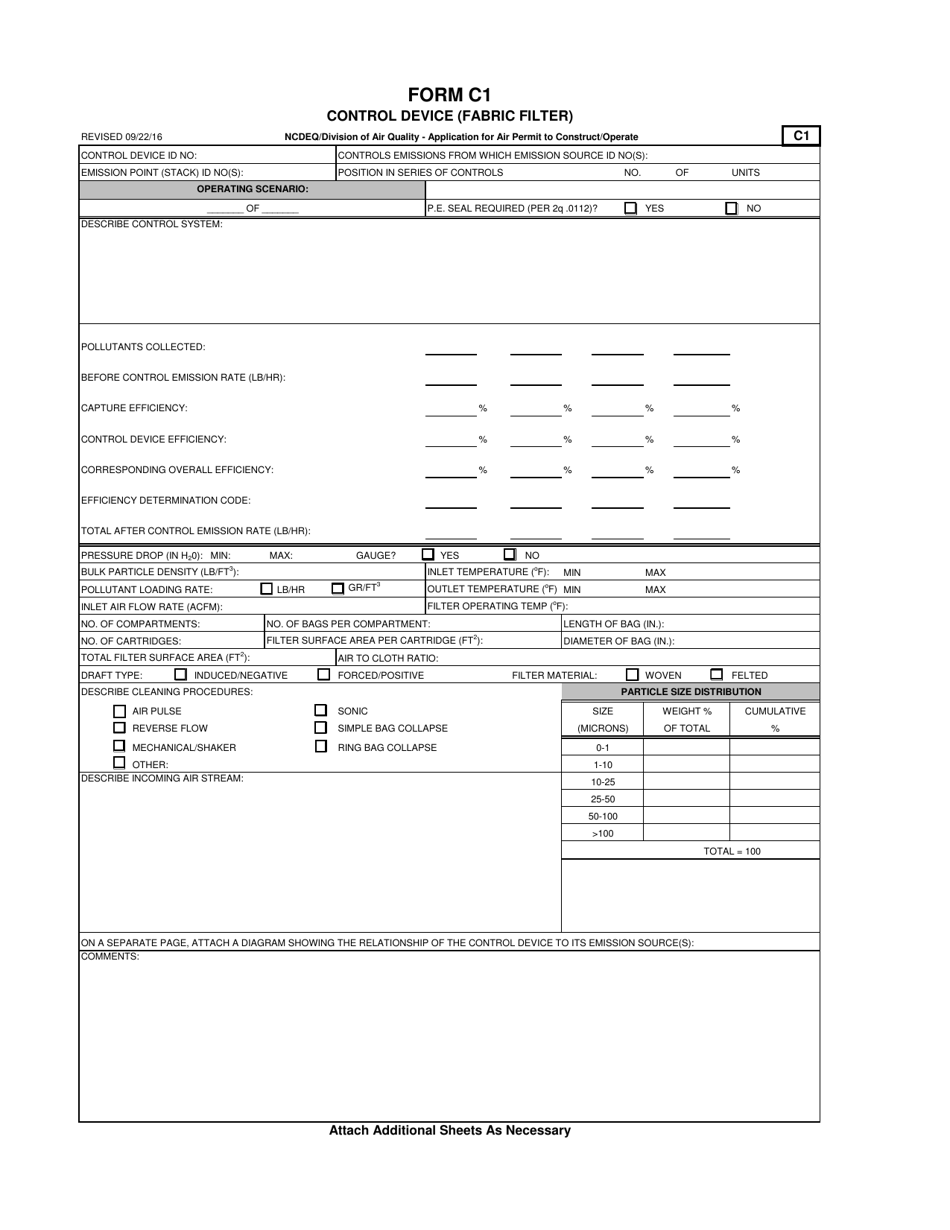 Form C1 Application for Air Permit to Construct / Operate - Control Device (Fabric Filter) - North Carolina, Page 1