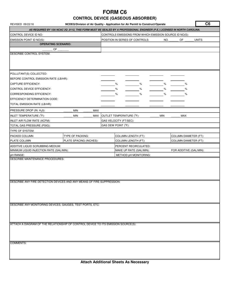 Form C6 Application for Air Permit to Construct / Operate - Control Device (Gaseous Absorber) - North Carolina, Page 1