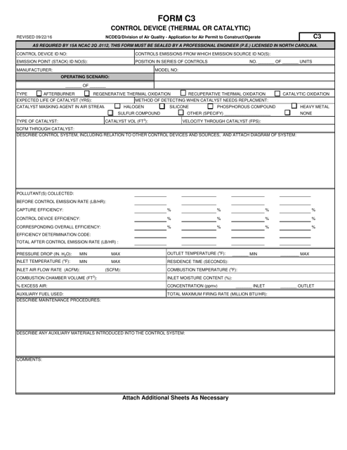 Form C3 Application for Air Permit to Construct/Operate - Control Device (Thermal or Catalytic) - North Carolina