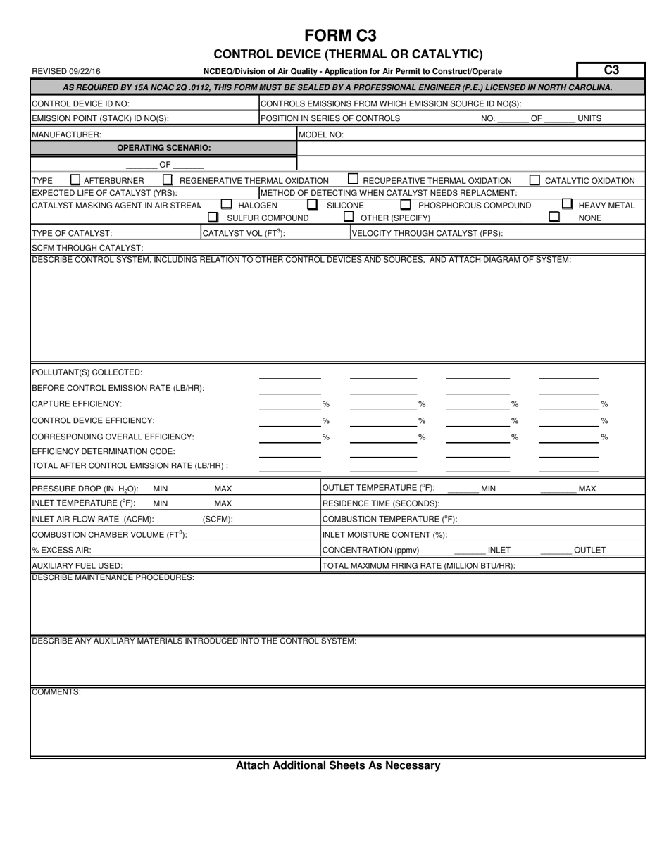 Form C3 Application for Air Permit to Construct / Operate - Control Device (Thermal or Catalytic) - North Carolina, Page 1