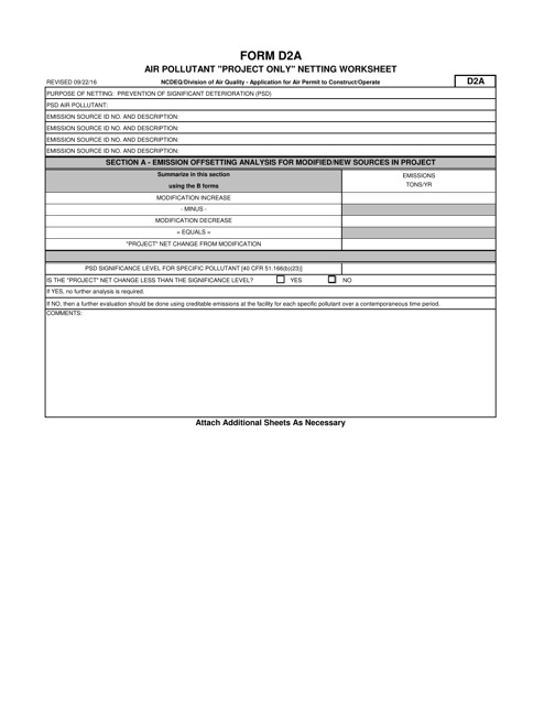 Form D2A Application for Air Permit to Construct/Operate - Air Pollutant &quot;project Only&quot; Netting Worksheet - North Carolina