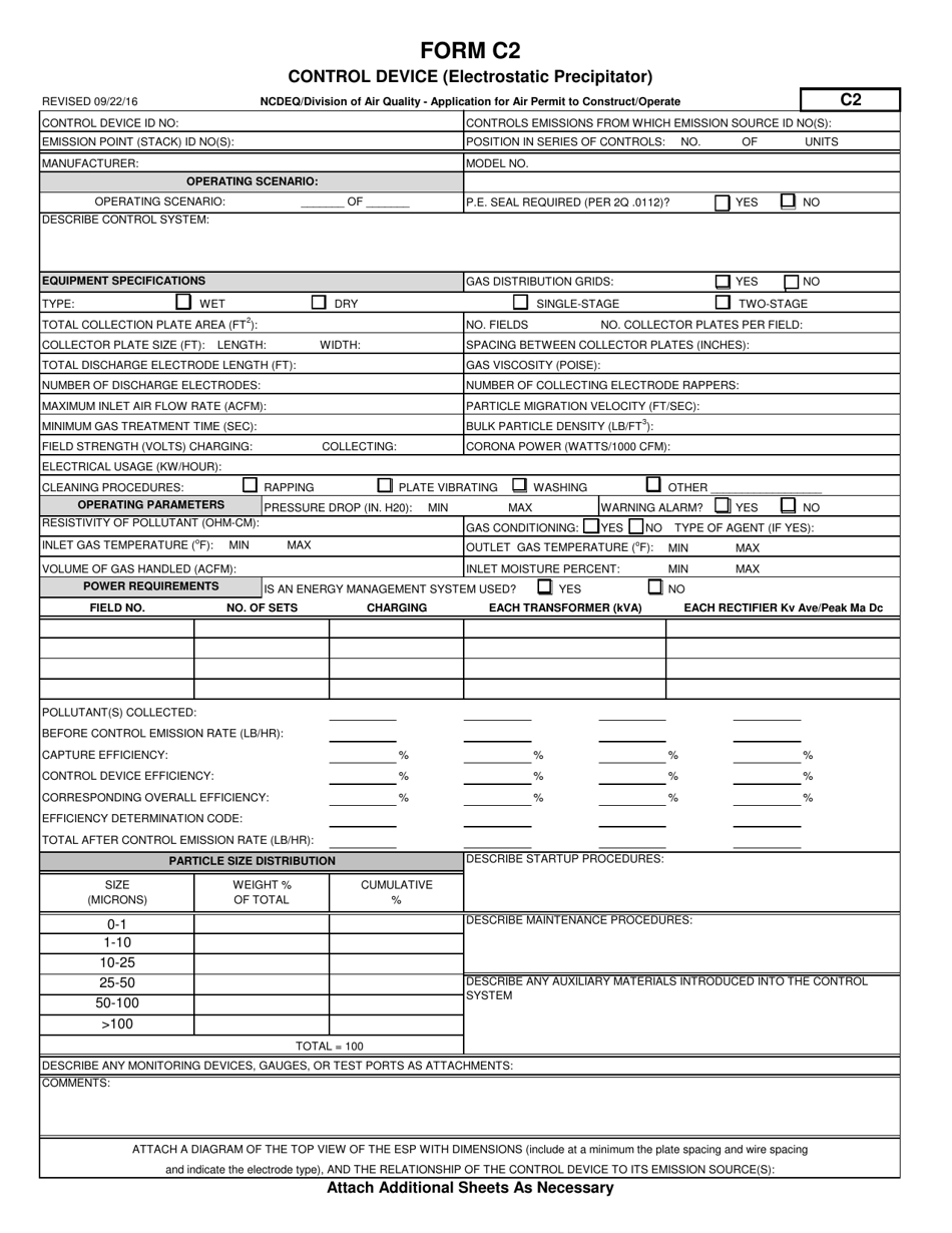 Form C2 Application for Air Permit to Construct / Operate - Control Device (Electrostatic Precipitator) - North Carolina, Page 1