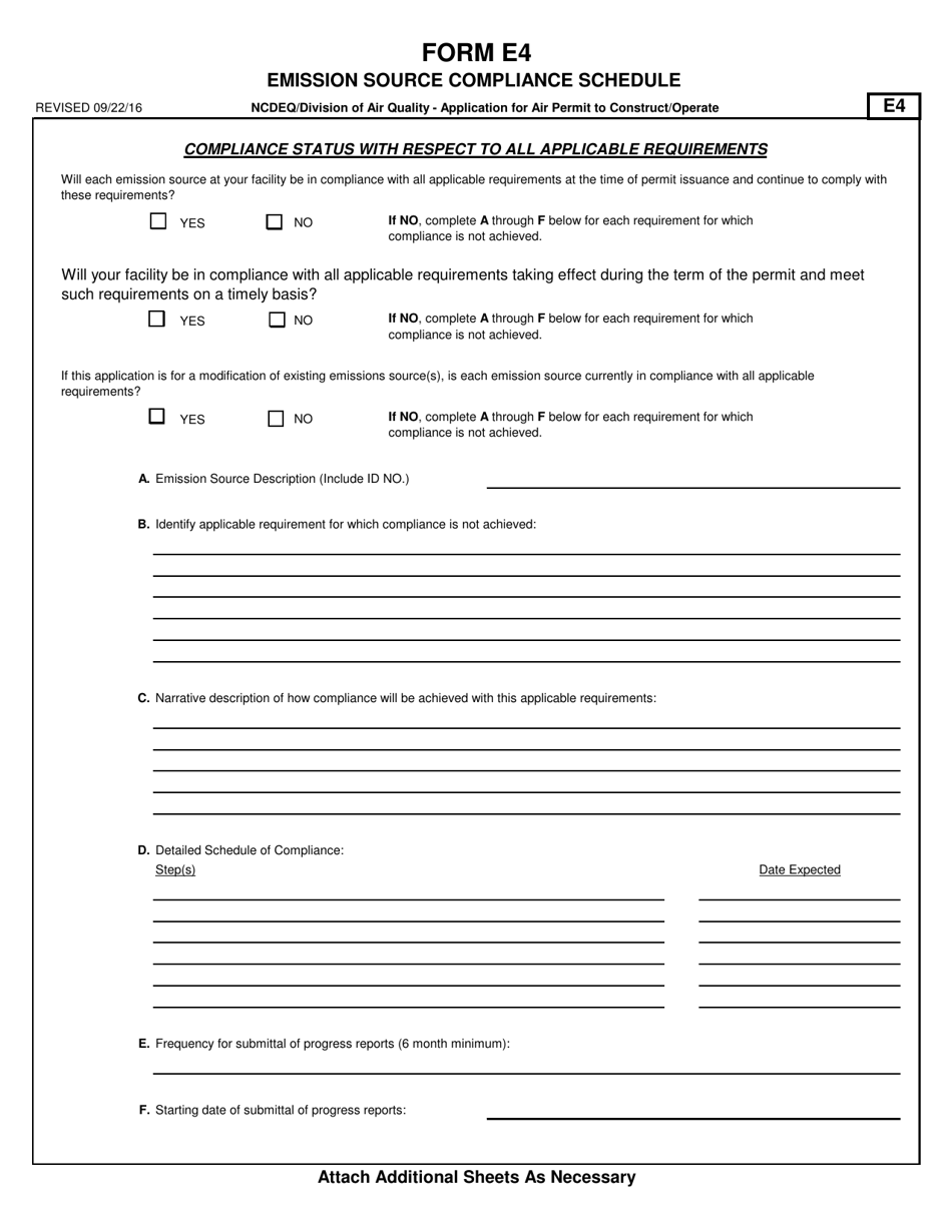 Form E4 Application for Air Permit to Construct / Operate - Emission Source Compliance Schedule - North Carolina, Page 1