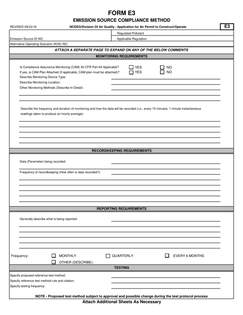 Form E3 Application for Air Permit to Construct/Operate - Emission Source Compliance Method - North Carolina