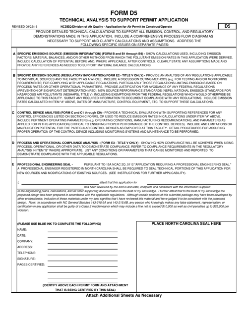 Form D5 Application for Air Permit to Construct/Operate - Technical Analysis to Support Permit Application - North Carolina