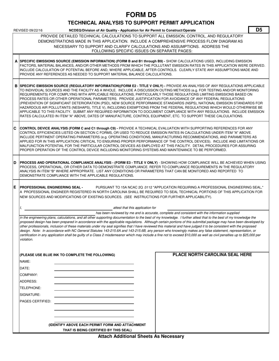 Form D5 Application for Air Permit to Construct / Operate - Technical Analysis to Support Permit Application - North Carolina, Page 1