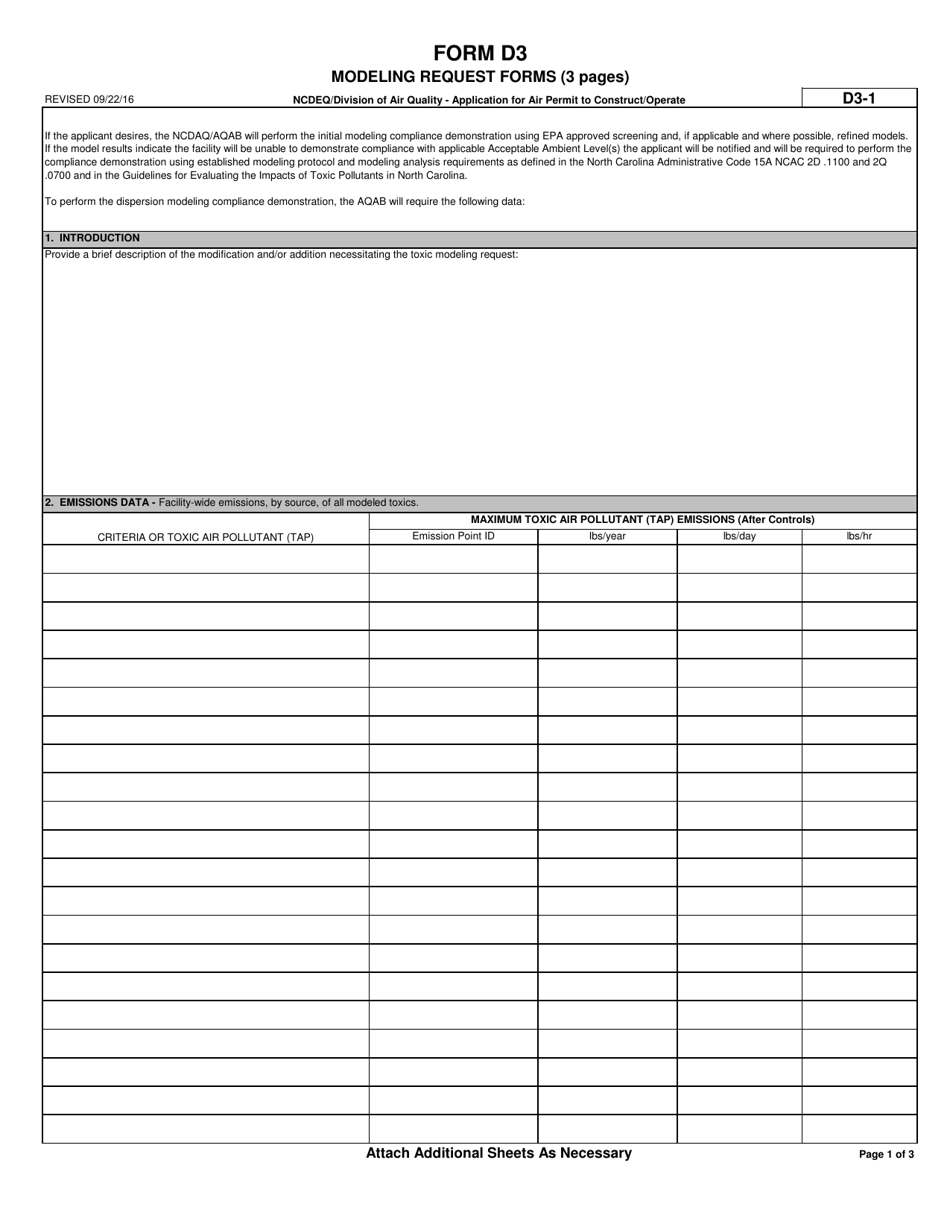 Form D3 Application for Air Permit to Construct / Operate - Modeling Request Forms - North Carolina, Page 1