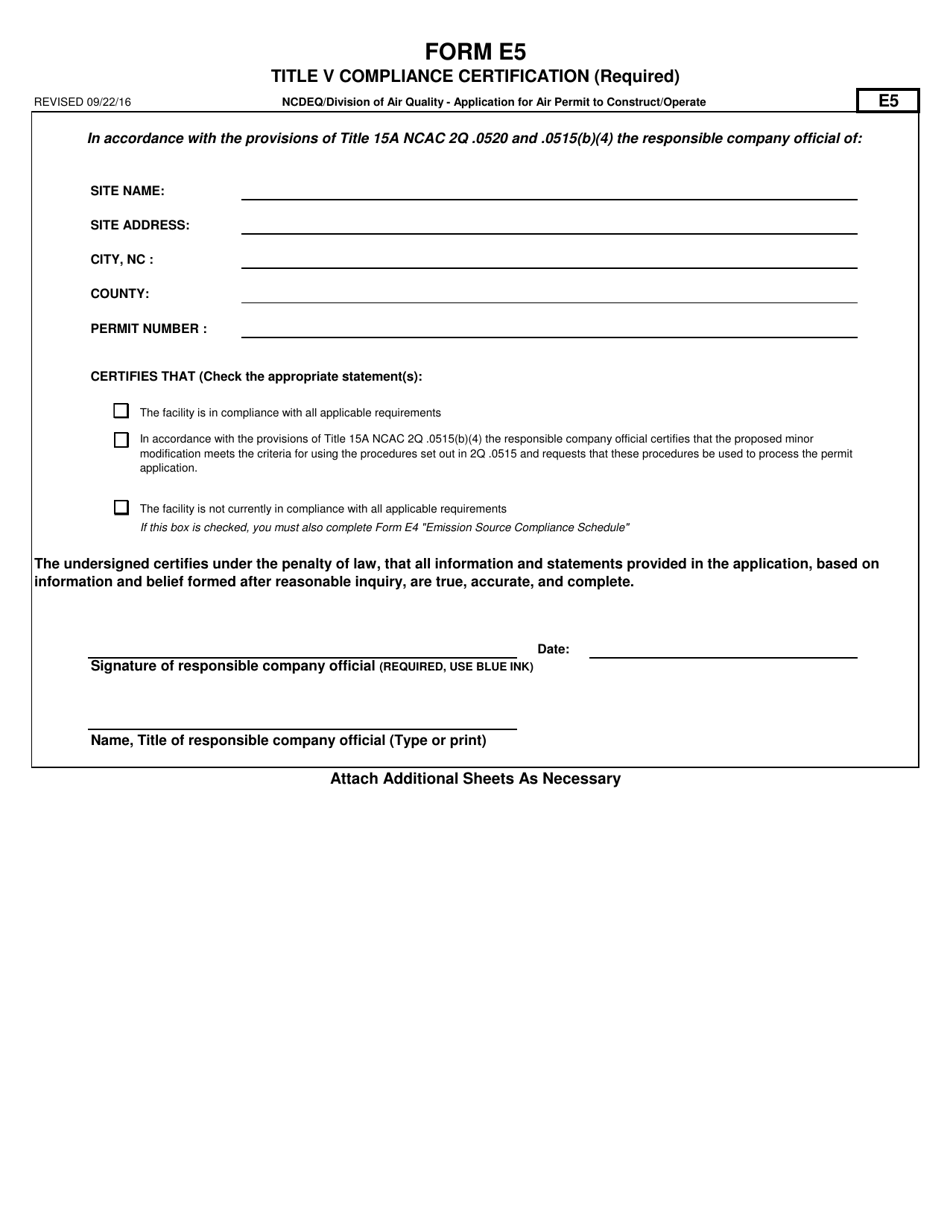Form E5 Application for Air Permit to Construct / Operate - Title V Compliance Certification - North Carolina, Page 1