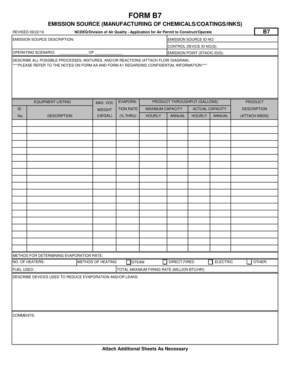 Form B7 Application for Air Permit to Construct / Operate - Emission Source (Manufacturing of Chemicals / Coatings / Inks) - North Carolina, Page 1