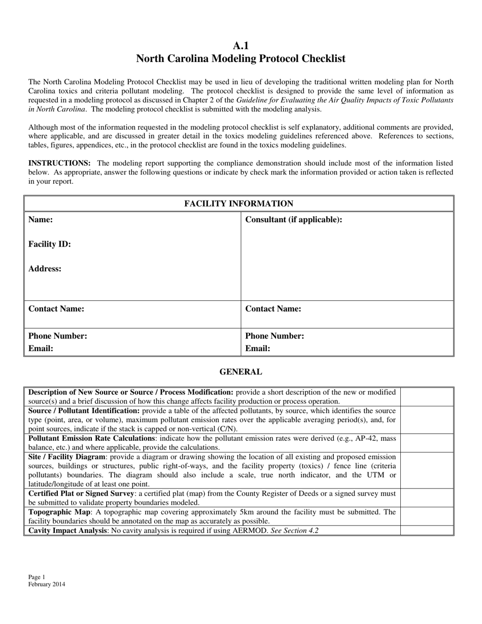 Form A.1 Toxics or Criteria Pollutant Modeling Protocol Checklist - North Carolina, Page 1