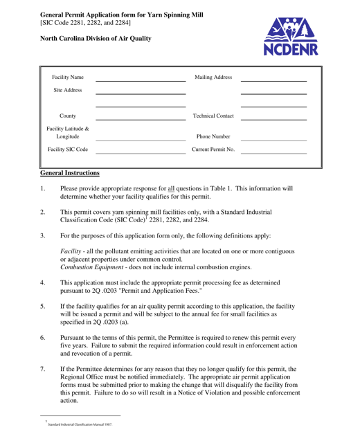 General Permit Application Form for Yarn Spinning Mill - North Carolina