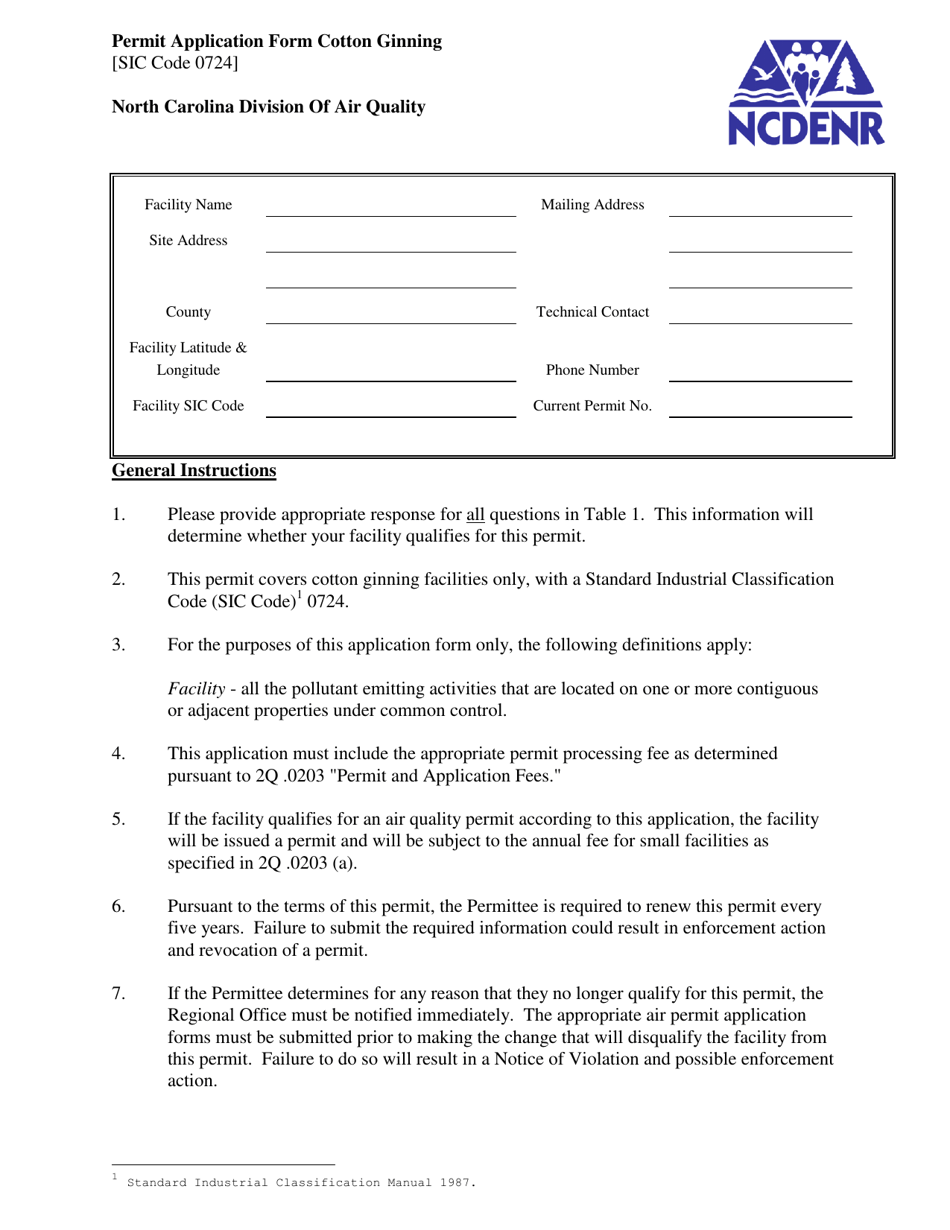 Permit Application Form Cotton Ginning - North Carolina, Page 1