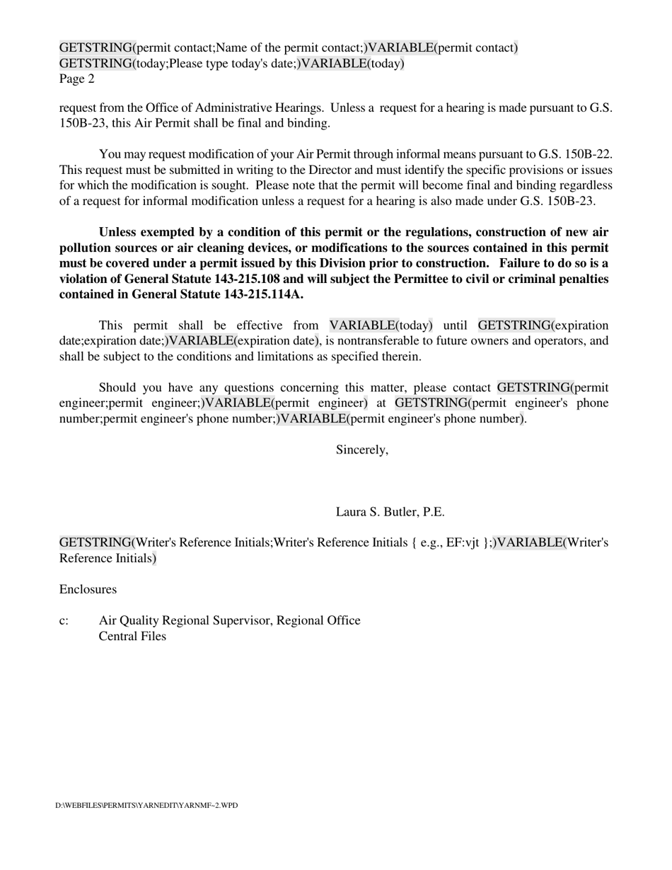 Sample Yarn Spinning Plant Permit - North Carolina, Page 2