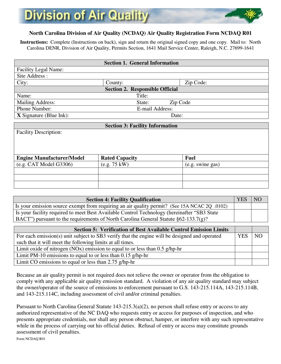 Form NCDAQ R01 Registration Form for Exempt Renewable Energy Facilities Under Sb3 - North Carolina, Page 1