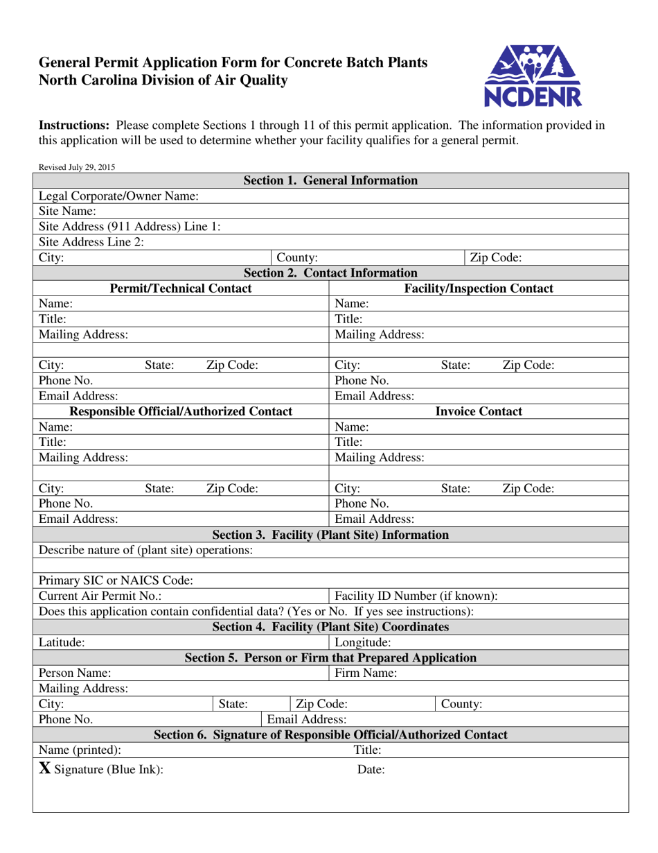 General Permit Application Form for Concrete Batch Plants - North Carolina, Page 1