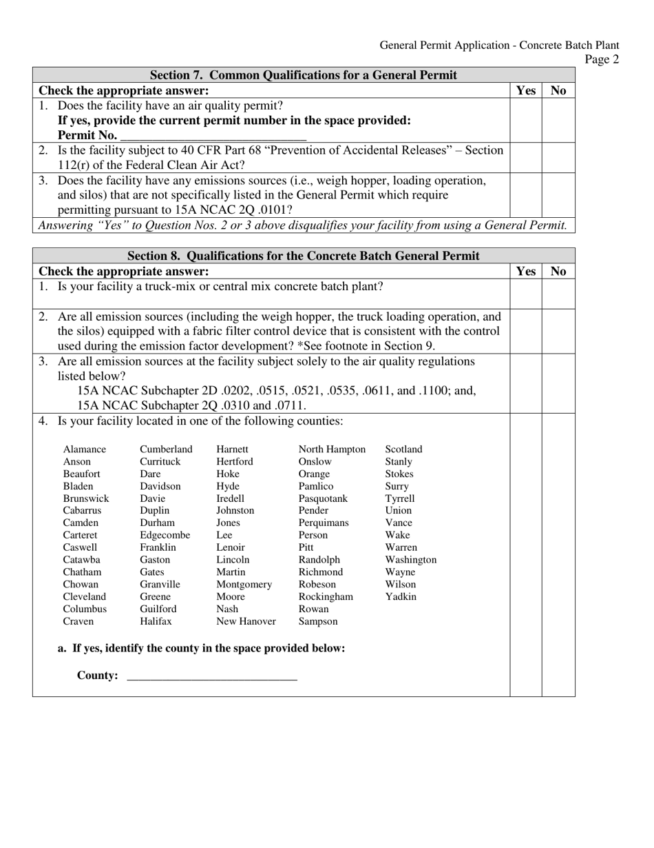 General Permit Application Form for Concrete Batch Plants - North Carolina, Page 2