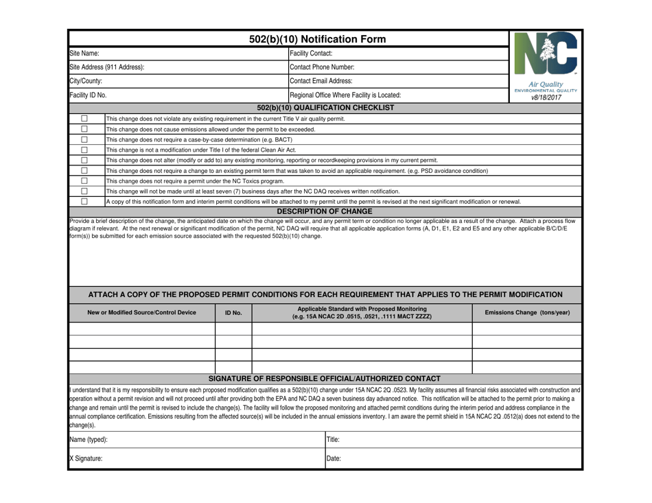 502(B)(10) Notification Form - North Carolina, Page 1