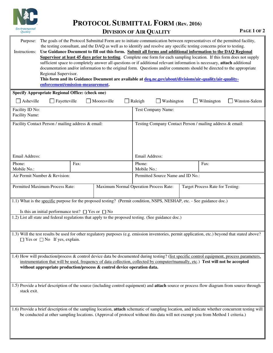 Protocol Submittal Form - North Carolina, Page 1