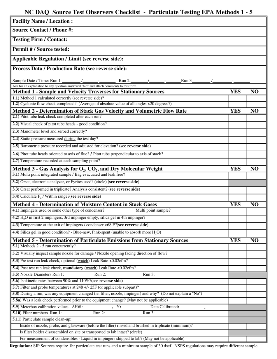 North Carolina Nc Daq Source Test Observers Checklist - Particulate ...