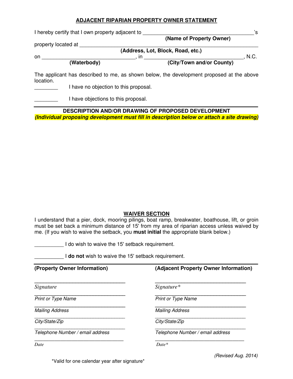 Adjacent Riparian Property Owner Statement Form - North Carolina, Page 1