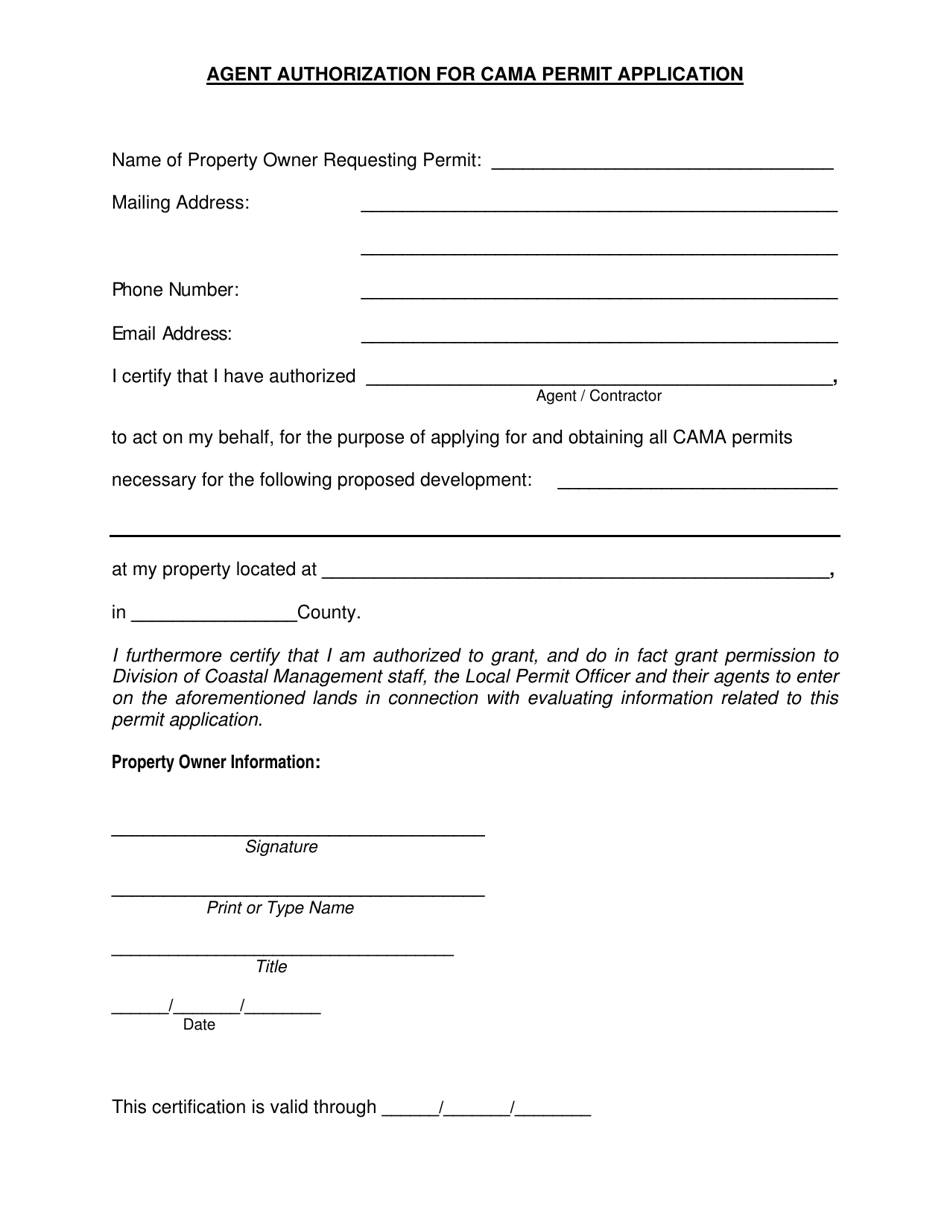 Agent Authorization for CAMA Permit Application - North Carolina, Page 1