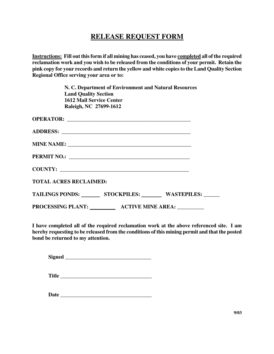 Release Request Form - North Carolina, Page 1
